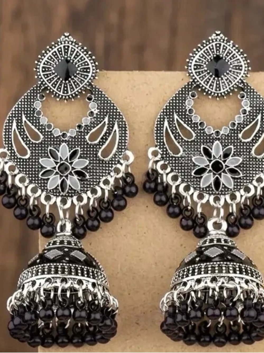 Silver-Tone Black Bead Floral Jhumka Earrings